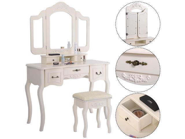 White Tri Folding Mirror Vanity Set 5 Drawers Dressing Table Makeup White Tri Folding Mirror Vanity Set 5 Drawers Dressing Table Makeup Desk Stool