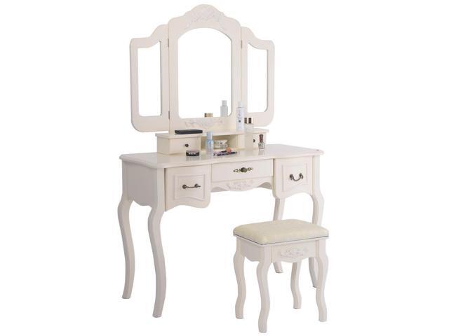 White Tri Folding Mirror Vanity Set 5 Drawers Dressing Table Makeup White Tri Folding Mirror Vanity Set 5 Drawers Dressing Table Makeup Desk Stool